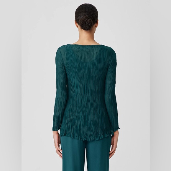 NWT EILEEN FISHER Crinkled Sheer Silk Georgette Bateau Neck Long Top Sz L - Picture 3 of 11